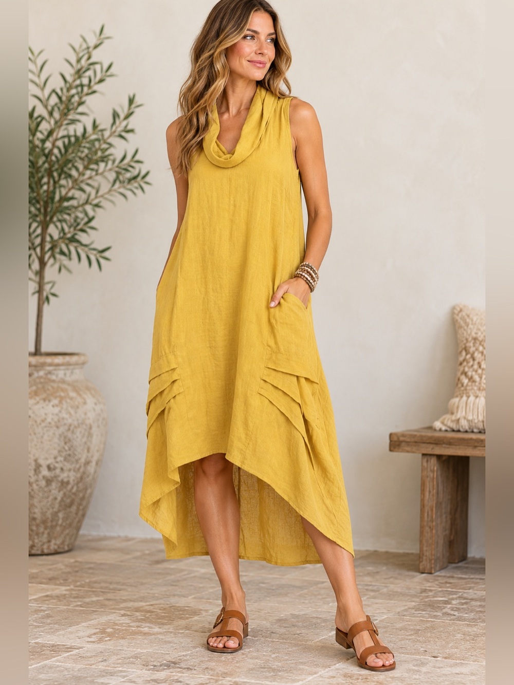 For Cynthia Mustard Linen Viscose Cowl Neck Hi Low Midi Dress XS NWT